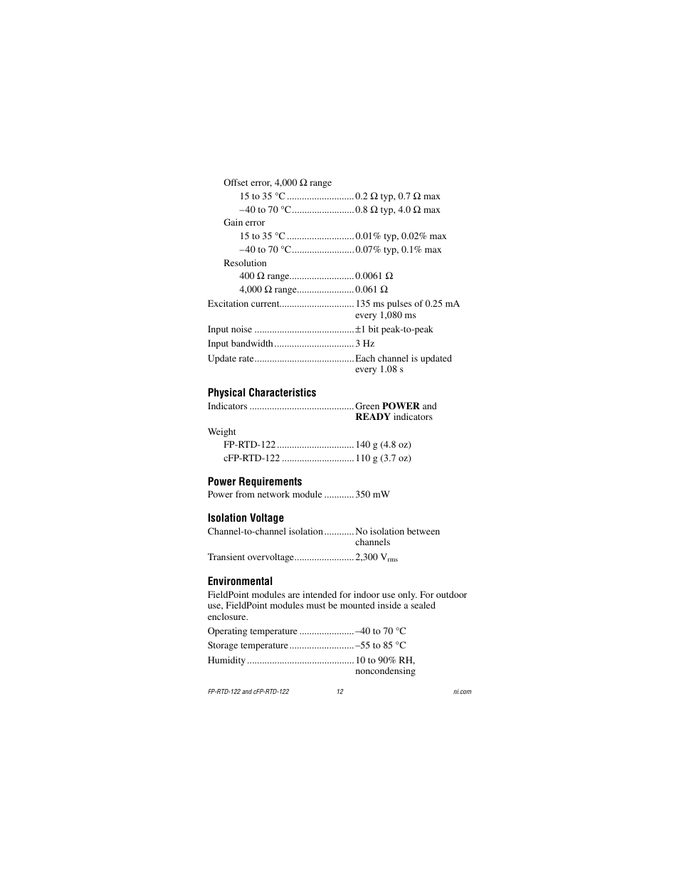 Physical characteristics, Power requirements, Isolation voltage | Environmental | National Instruments FP-RTD-122 User Manual | Page 12 / 15