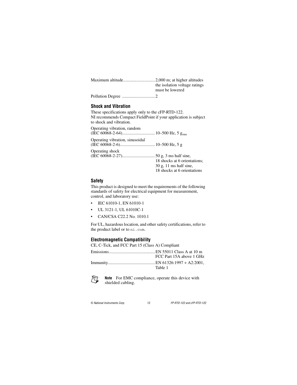 Shock and vibration, Safety, Electromagnetic compatibility | National Instruments FP-RTD-122 User Manual | Page 13 / 15