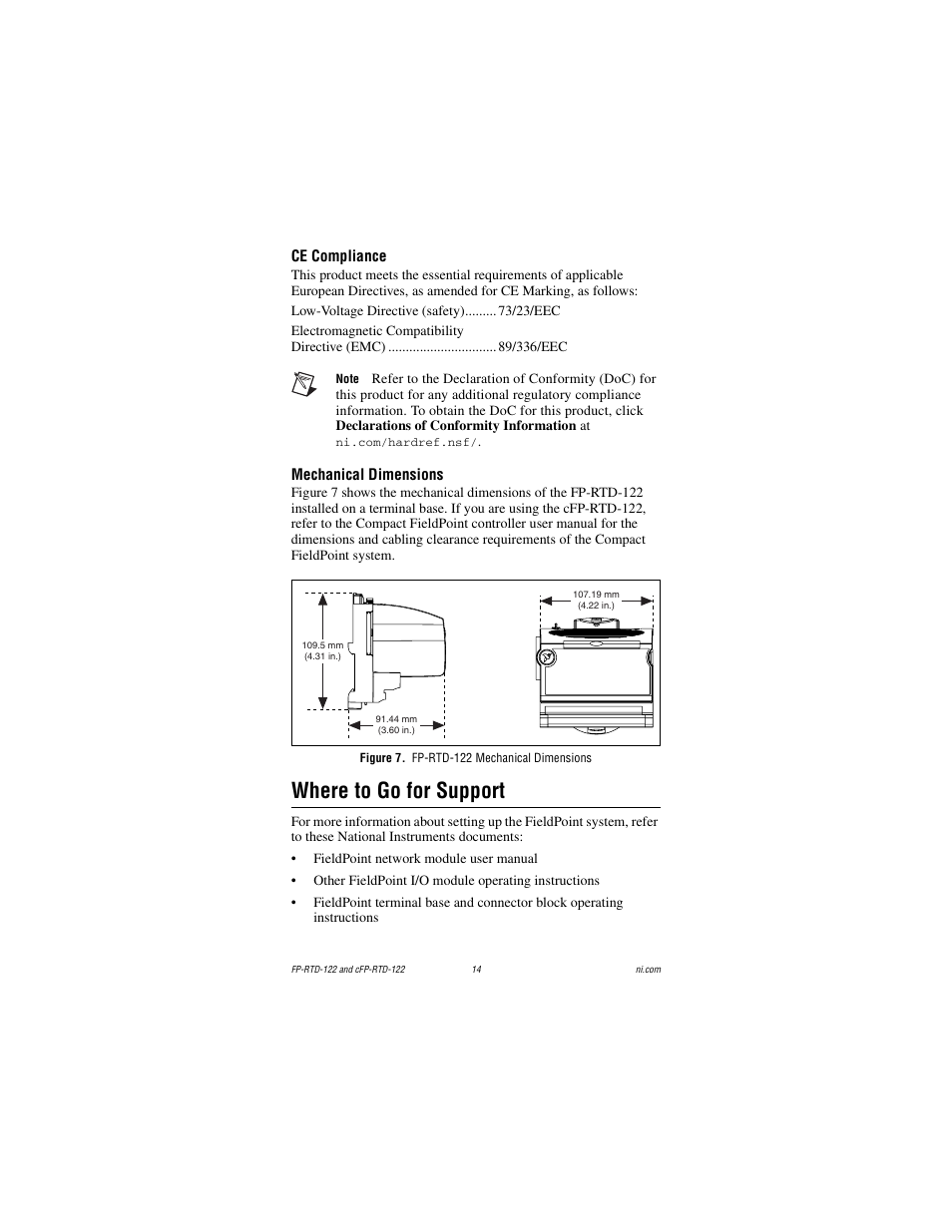 Ce compliance, Mechanical dimensions, Figure 7. fp-rtd-122 mechanical dimensions | Where to go for support | National Instruments FP-RTD-122 User Manual | Page 14 / 15