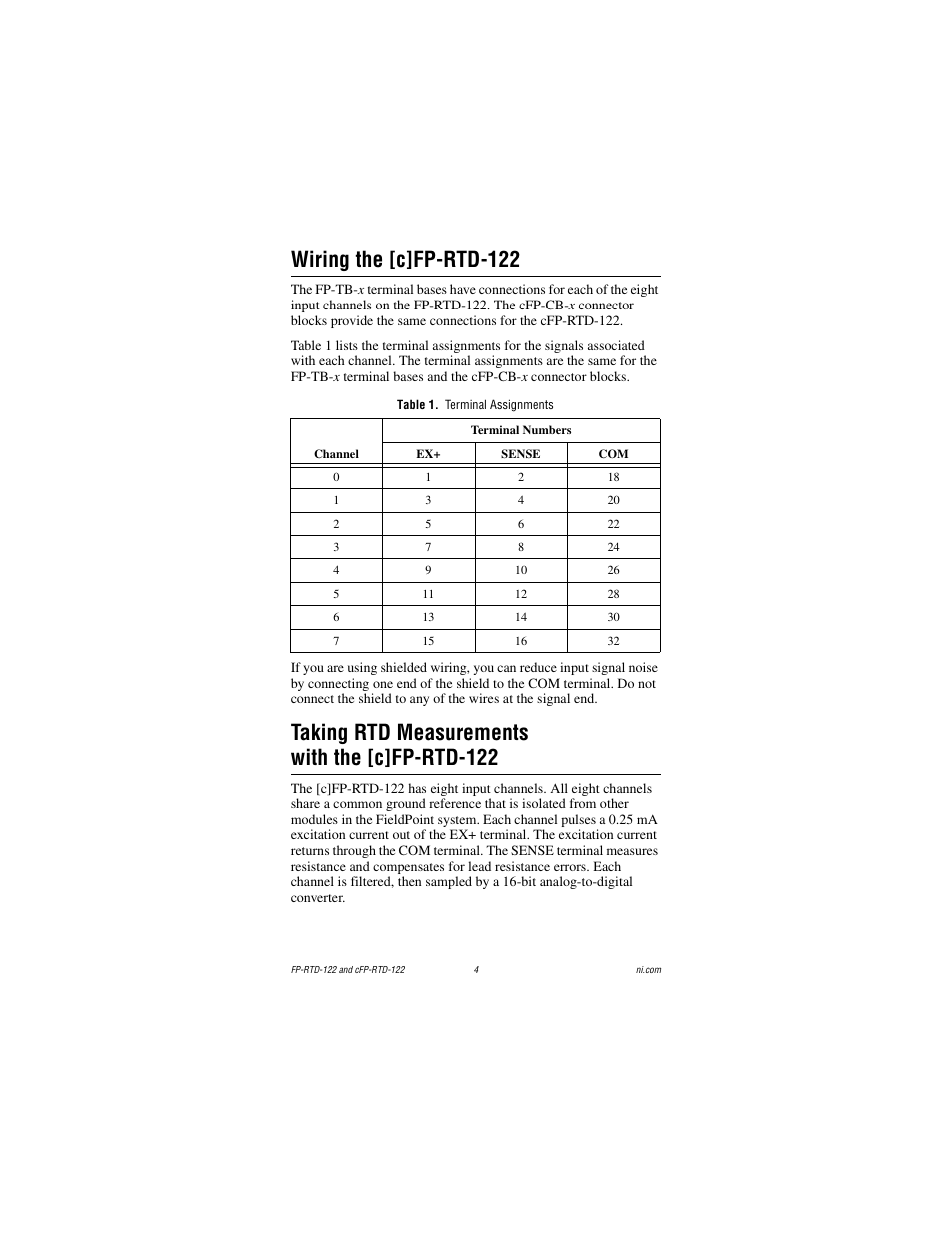 Wiring the [c]fp-rtd-122, Table 1. terminal assignments, Taking rtd measurements with the [c]fp-rtd-122 | National Instruments FP-RTD-122 User Manual | Page 4 / 15