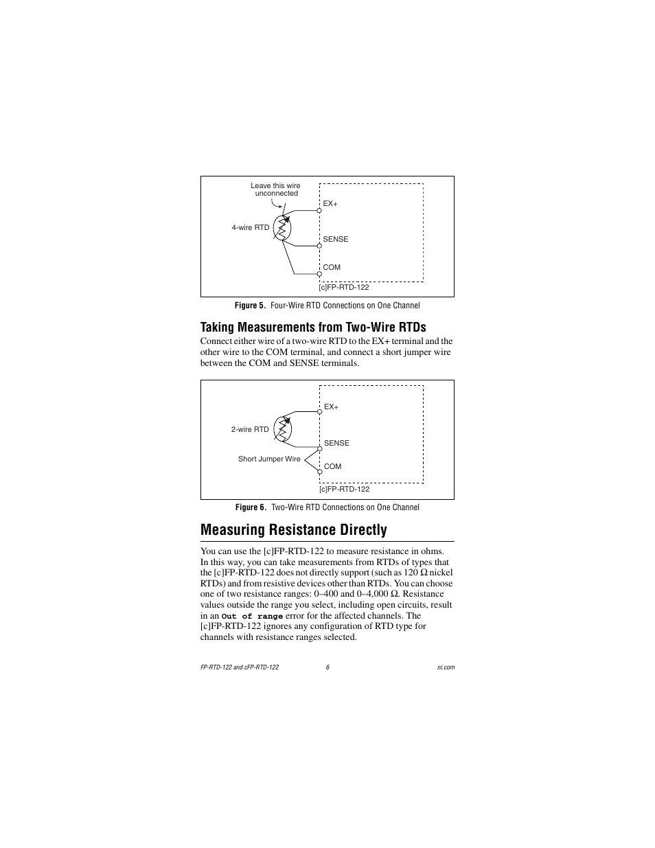 Figure 5. four-wire rtd connections on one channel, Taking measurements from two-wire rtds, Figure 6. two-wire rtd connections on one channel | Measuring resistance directly | National Instruments FP-RTD-122 User Manual | Page 6 / 15