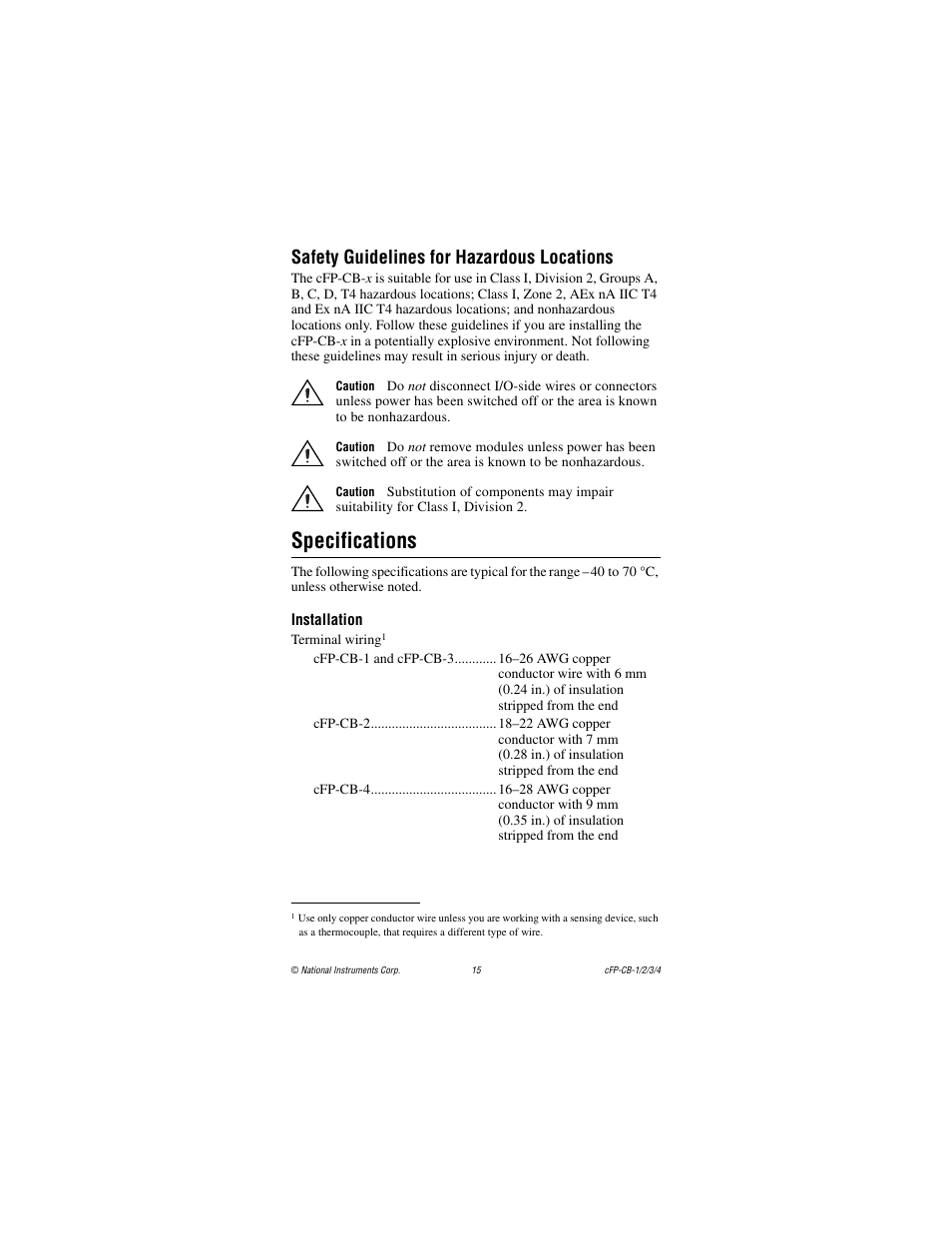 Safety guidelines for hazardous locations, Specifications, Installation | National Instruments CFP-CB-3 User Manual | Page 15 / 20
