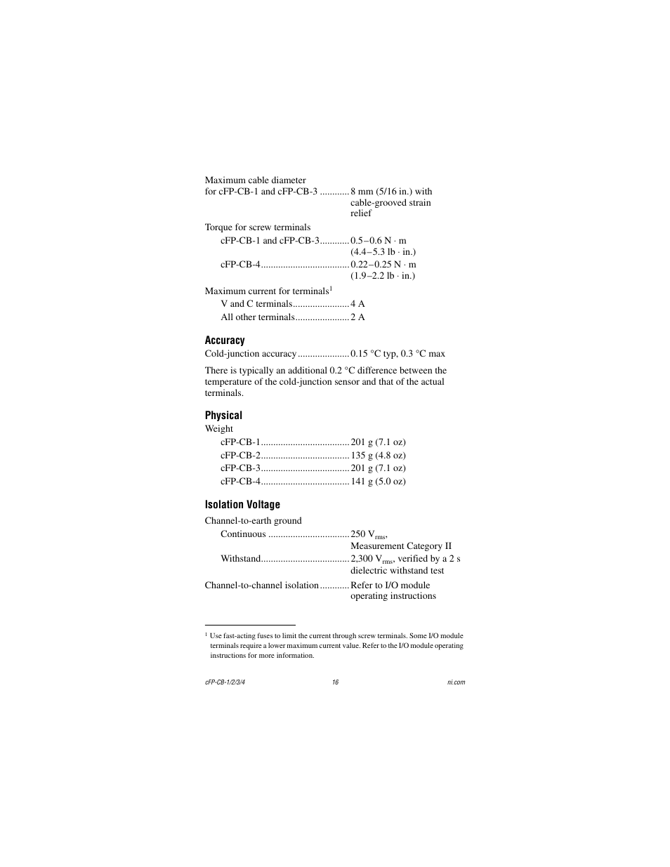 Accuracy, Physical, Isolation voltage | National Instruments CFP-CB-3 User Manual | Page 16 / 20