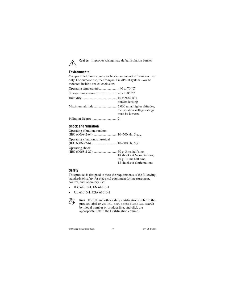 Environmental, Shock and vibration, Safety | National Instruments CFP-CB-3 User Manual | Page 17 / 20