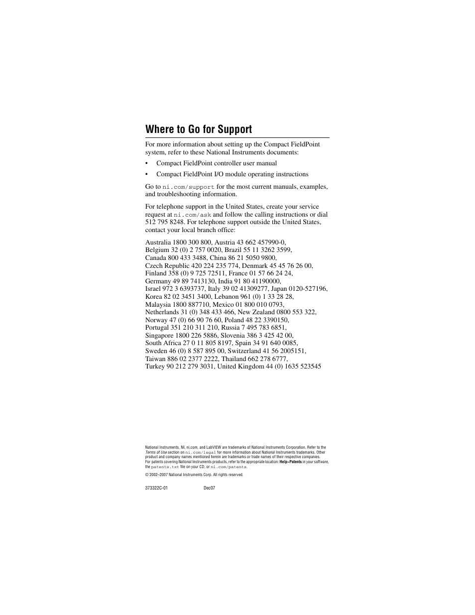 Where to go for support | National Instruments CFP-CB-3 User Manual | Page 20 / 20