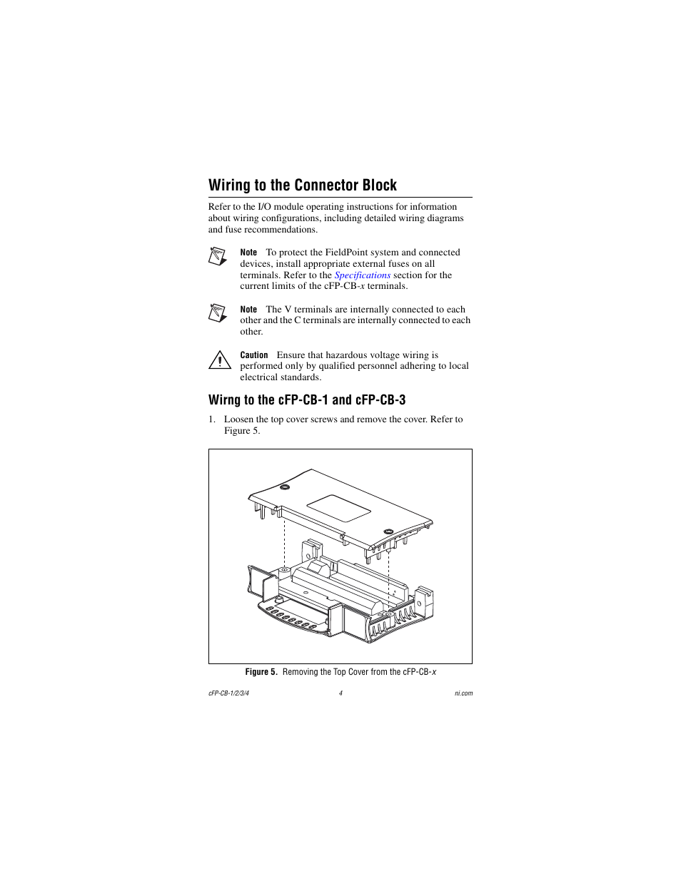Wiring to the connector block, Wirng to the cfp-cb-1 and cfp-cb-3, Figure 5. removing the top cover from the cfp-cb-x | National Instruments CFP-CB-3 User Manual | Page 4 / 20