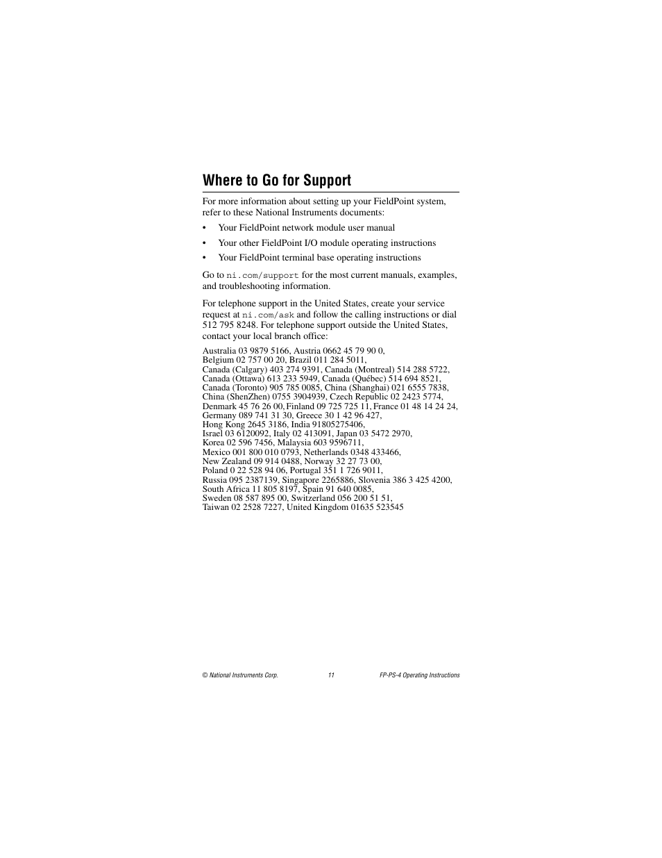 Where to go for support | National Instruments FP-PS-4 User Manual | Page 11 / 11