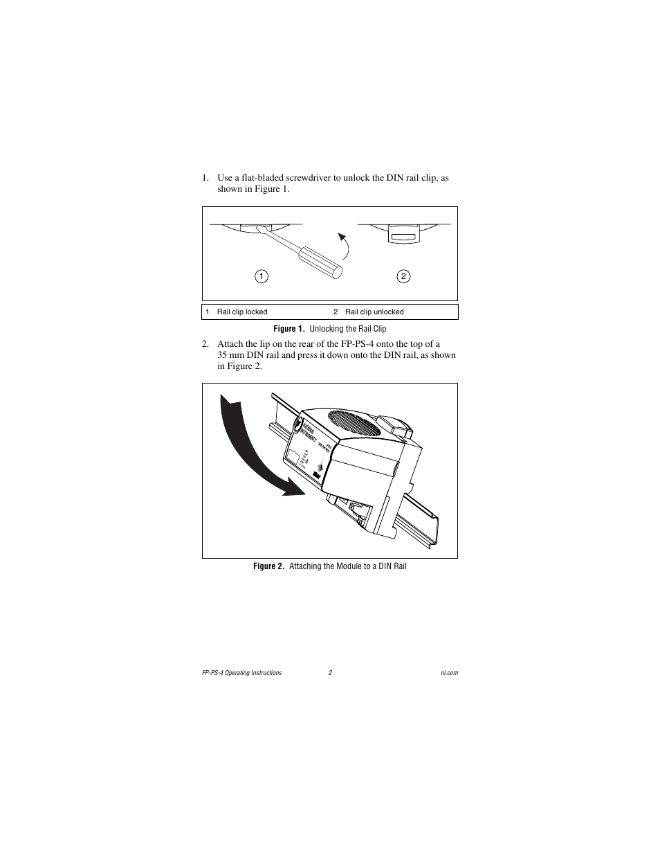 Figure 1. unlocking the rail clip, Figure 2. attaching the module to a din rail | National Instruments FP-PS-4 User Manual | Page 2 / 11
