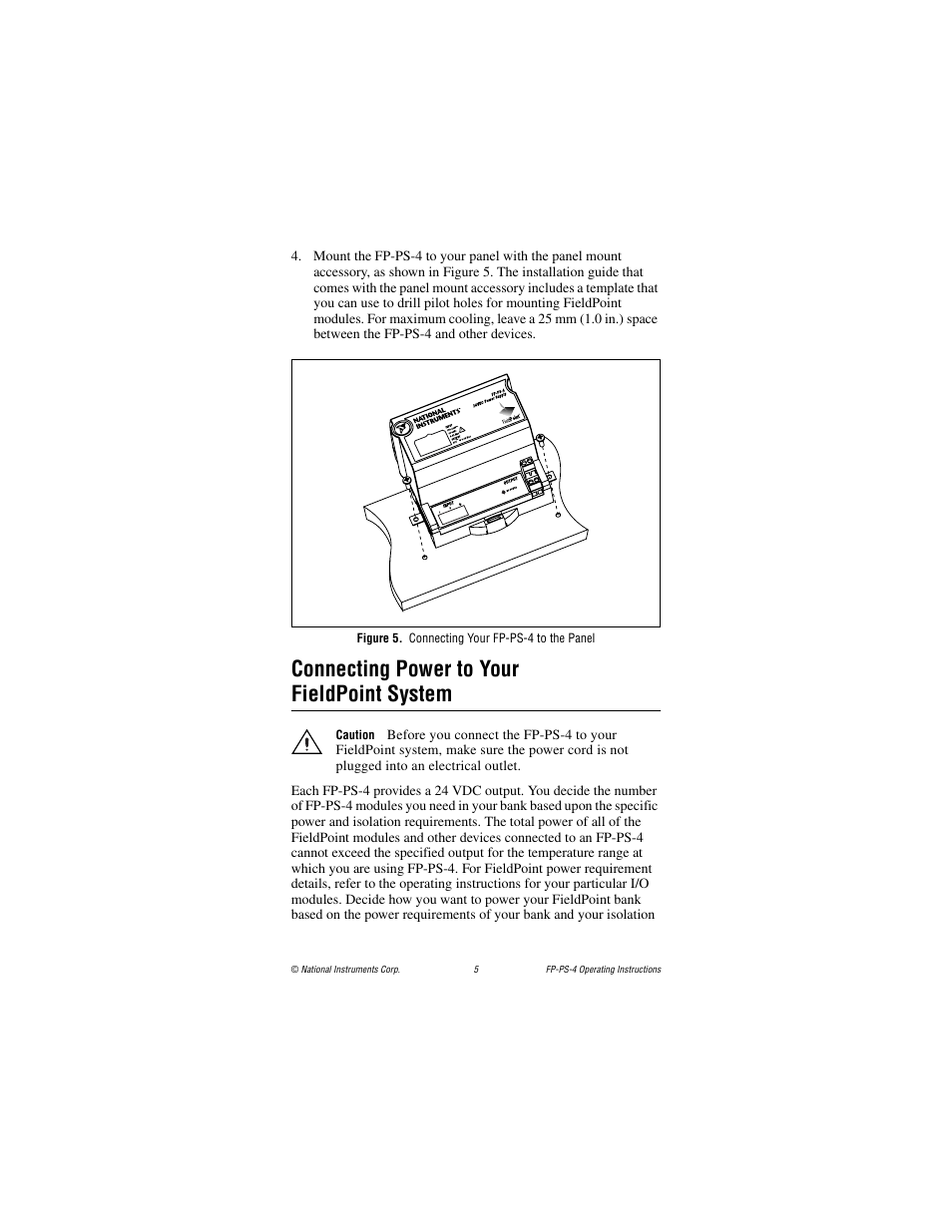Figure 5. connecting your fp-ps-4 to the panel, Connecting power to your fieldpointsystem, Connecting power to your fieldpoint system | National Instruments FP-PS-4 User Manual | Page 5 / 11