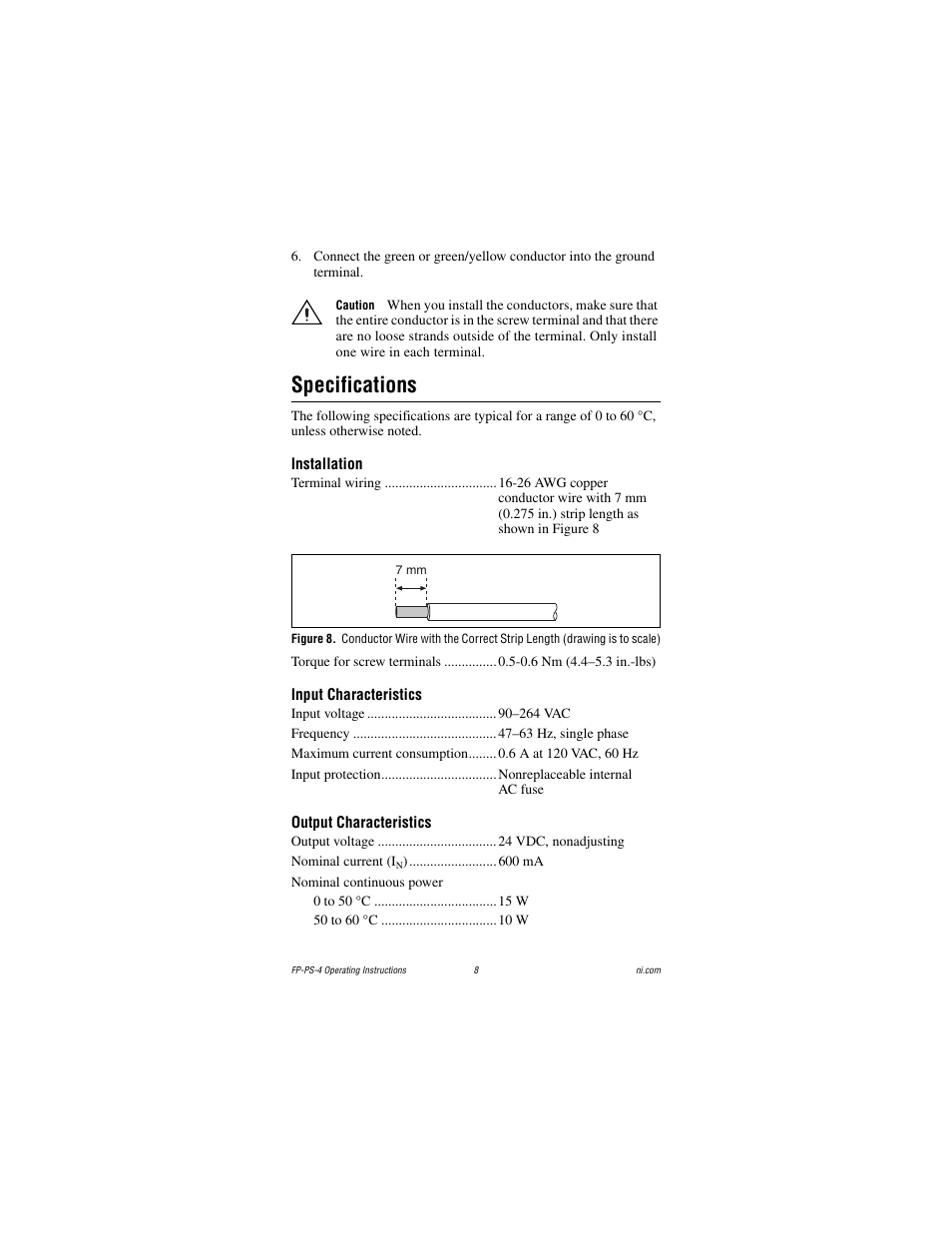 Specifications, Installation, Input characteristics | Output characteristics | National Instruments FP-PS-4 User Manual | Page 8 / 11