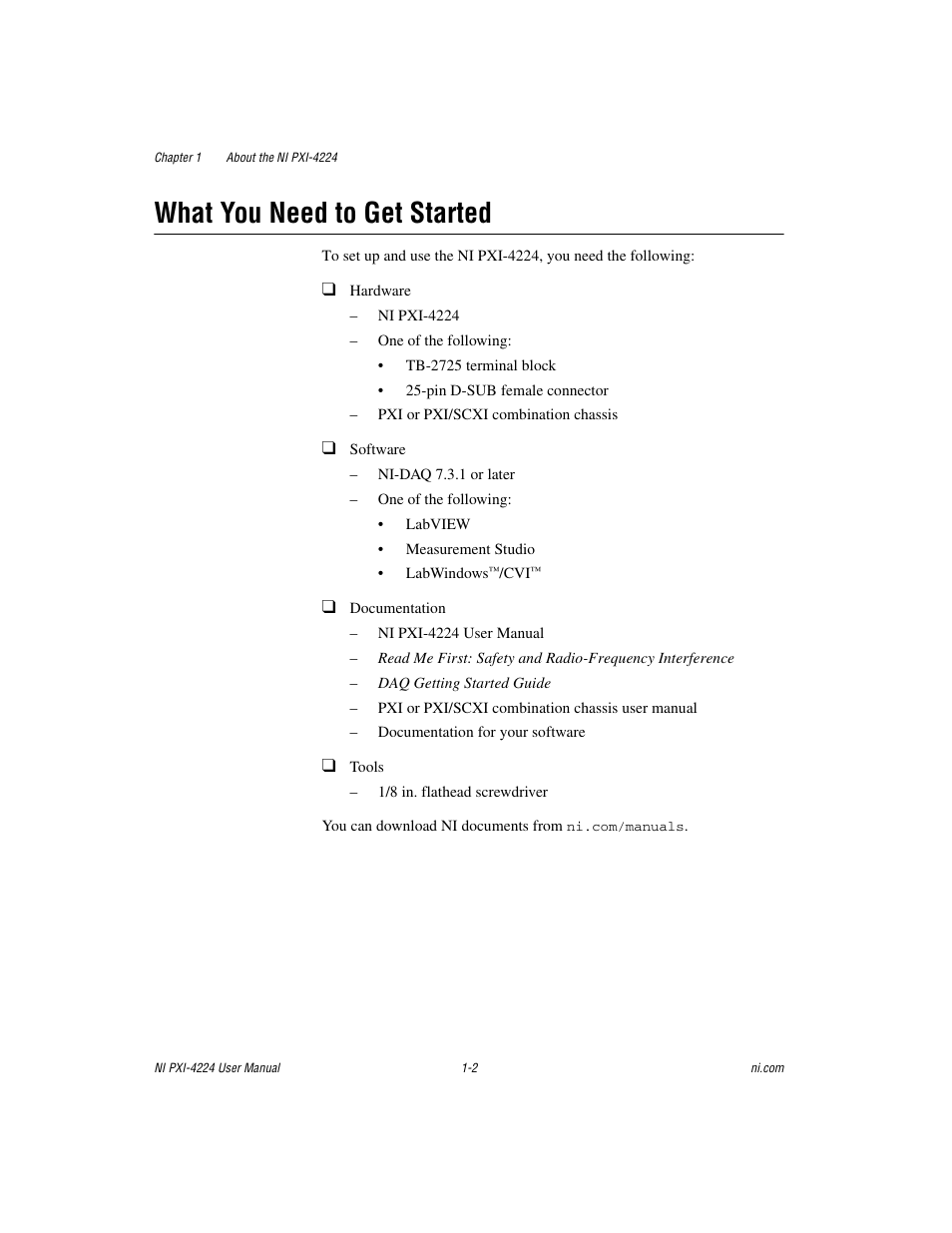 What you need to get started, What you need to get started -2 | National Instruments Isolated Analog Input Device NI PXI-4224 User Manual | Page 10 / 85
