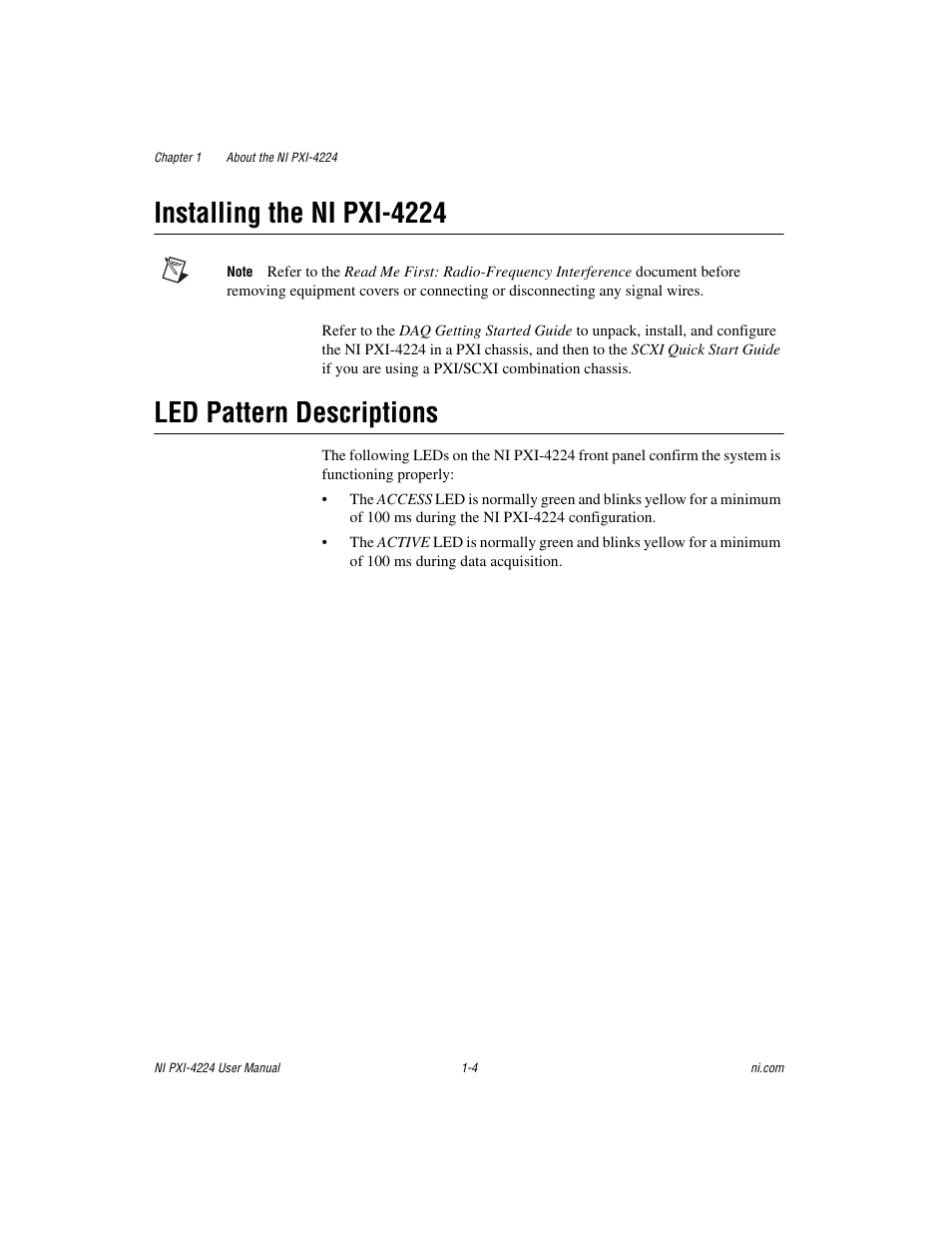 Installing the ni pxi-4224, Led pattern descriptions | National Instruments Isolated Analog Input Device NI PXI-4224 User Manual | Page 12 / 85