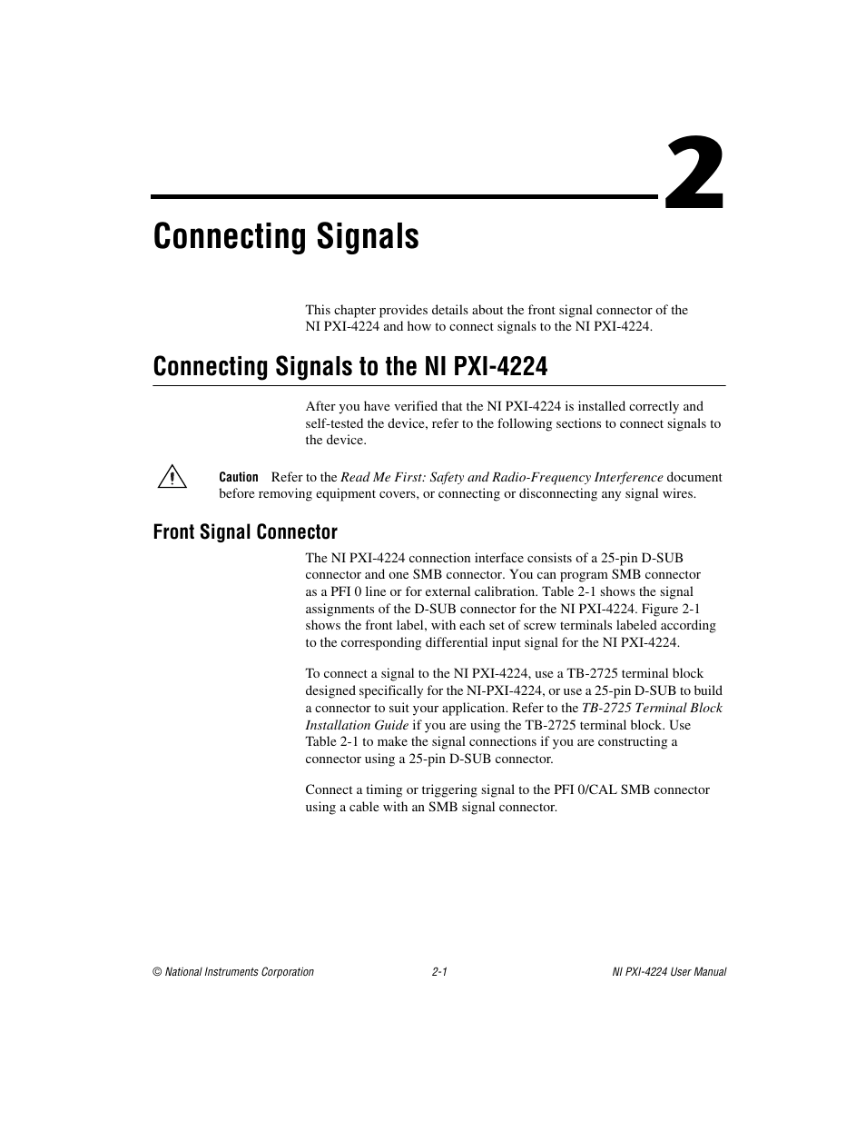 Chapter 2 connecting signals, Connecting signals to the ni pxi-4224, Front signal connector | Connecting signals to the ni pxi-4224 -1, Front signal connector -1, Connecting signals | National Instruments Isolated Analog Input Device NI PXI-4224 User Manual | Page 13 / 85