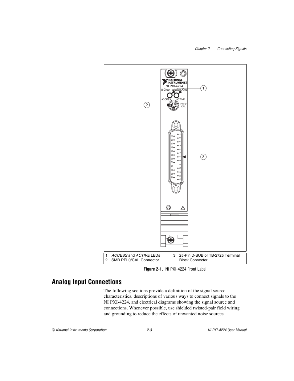 Figure 2-1. ni pxi-4224 front label, Analog input connections, Analog input connections -3 | Figure 2-1, Ni pxi-4224 front label -3 | National Instruments Isolated Analog Input Device NI PXI-4224 User Manual | Page 15 / 85