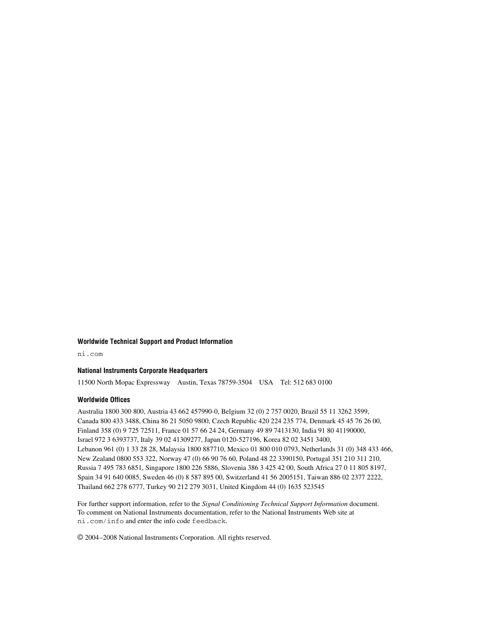 Support, National instruments corporate headquarters, Worldwide offices | National Instruments Isolated Analog Input Device NI PXI-4224 User Manual | Page 2 / 85