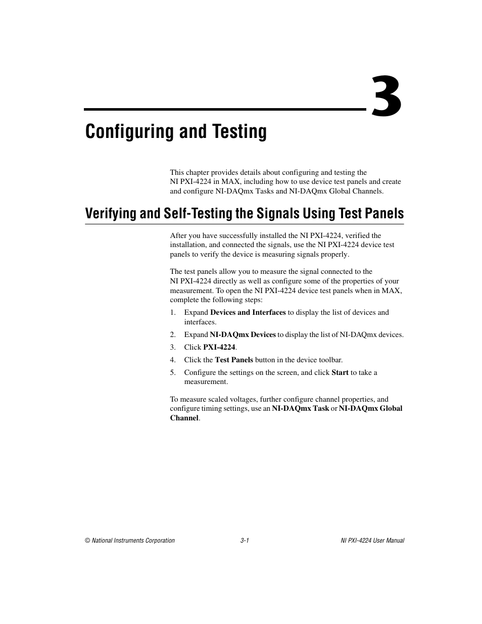 Chapter 3 configuring and testing, Configuring and testing | National Instruments Isolated Analog Input Device NI PXI-4224 User Manual | Page 25 / 85