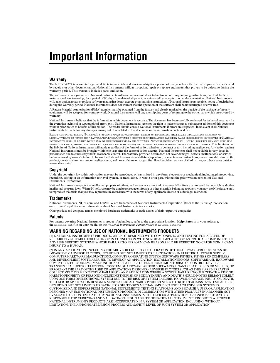 Important information, Warranty, Copyright | Trademarks, Patents | National Instruments Isolated Analog Input Device NI PXI-4224 User Manual | Page 3 / 85