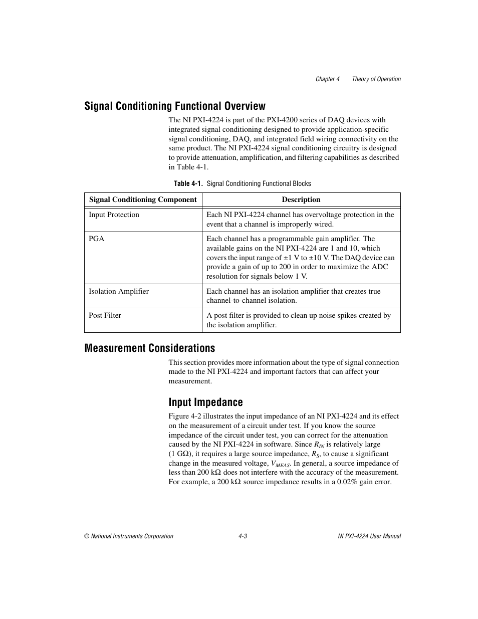 Signal conditioning functional overview, Table 4-1. signal conditioning functional blocks, Measurement considerations | Input impedance, Input impedance -3, Table 4-1, Signal conditioning functional blocks -3 | National Instruments Isolated Analog Input Device NI PXI-4224 User Manual | Page 30 / 85