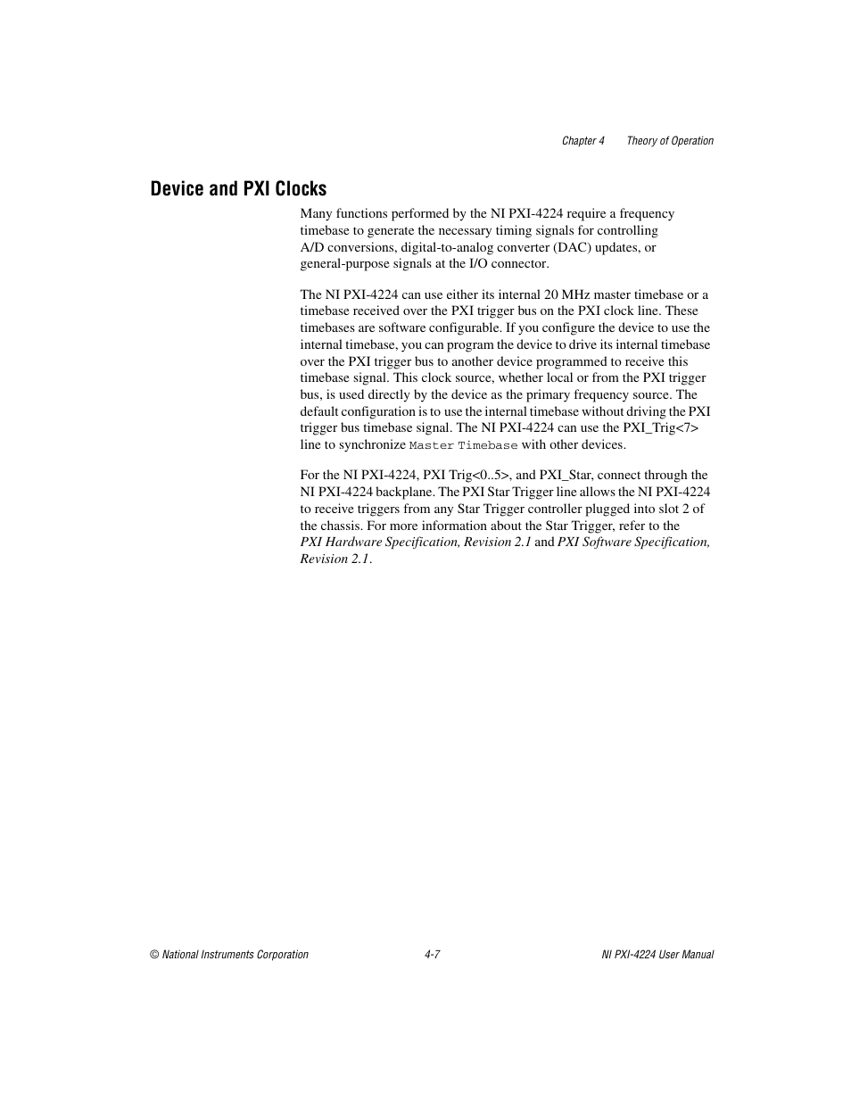 Device and pxi clocks, Device and pxi clocks -7 | National Instruments Isolated Analog Input Device NI PXI-4224 User Manual | Page 34 / 85