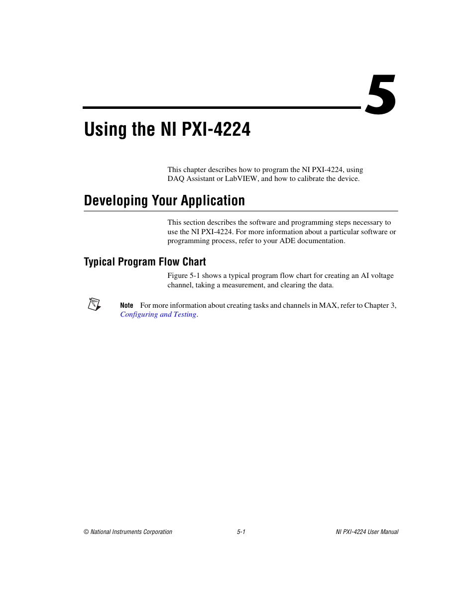 Chapter 5 using the ni pxi-4224, Developing your application, Typical program flow chart | Developing your application -1, Typical program flow chart -1, Using the ni pxi-4224 | National Instruments Isolated Analog Input Device NI PXI-4224 User Manual | Page 37 / 85