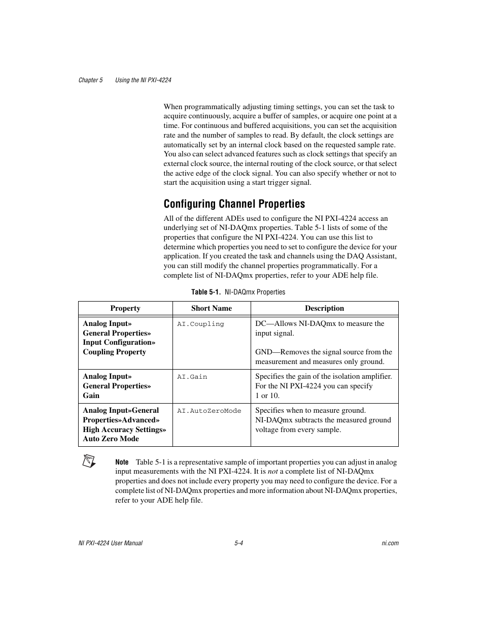 Configuring channel properties, Table 5-1. ni-daqmx properties, Configuring channel properties -4 | Table 5-1, Ni-daqmx properties -4 | National Instruments Isolated Analog Input Device NI PXI-4224 User Manual | Page 40 / 85