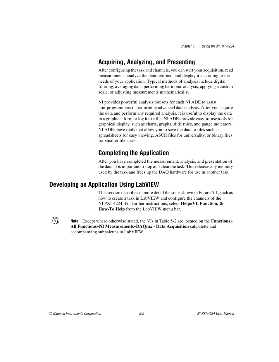 Acquiring, analyzing, and presenting, Completing the application, Developing an application using labview | Developing an application using labview -5 | National Instruments Isolated Analog Input Device NI PXI-4224 User Manual | Page 41 / 85