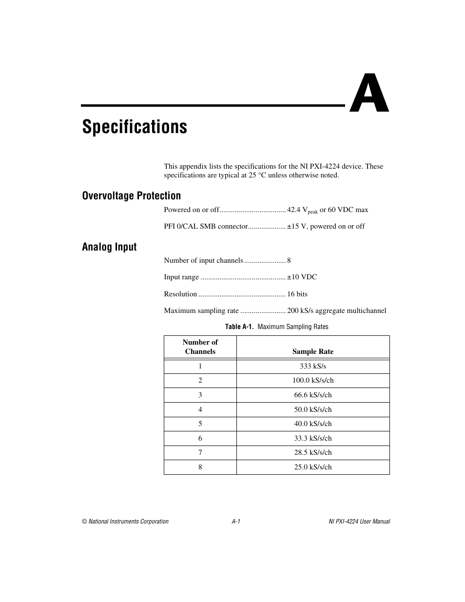 Appendix a specifications, Overvoltage protection, Analog input | Table a-1. maximum sampling rates, Table a-1, Specifications | National Instruments Isolated Analog Input Device NI PXI-4224 User Manual | Page 50 / 85