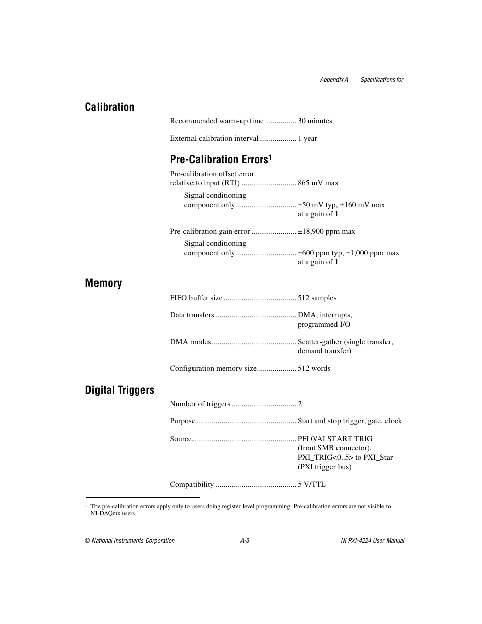 Calibration, Pre-calibration errors, Memory | Digital triggers | National Instruments Isolated Analog Input Device NI PXI-4224 User Manual | Page 52 / 85