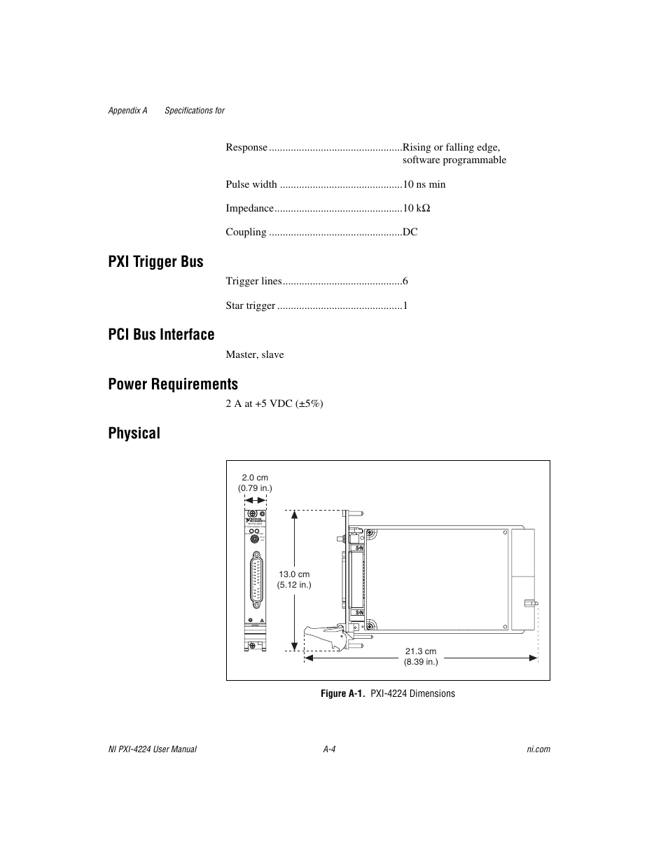 Pxi trigger bus, Pci bus interface, Power requirements | Physical, Figure a-1. pxi-4224 dimensions, Figure a-1, Trigger lines star trigger, Master, slave, 2 a at +5 vdc (±5%) | National Instruments Isolated Analog Input Device NI PXI-4224 User Manual | Page 53 / 85