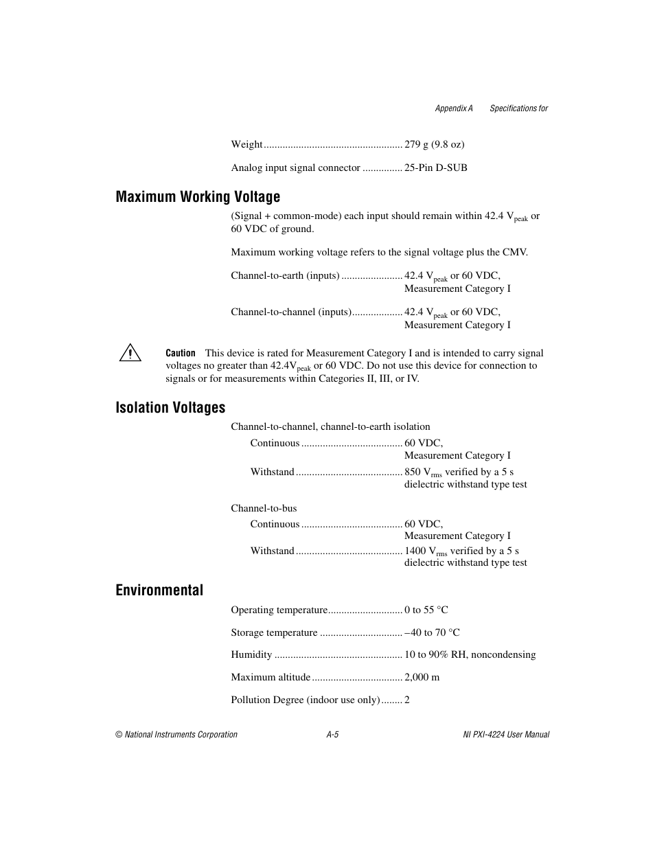 Maximum working voltage, Isolation voltages, Environmental | National Instruments Isolated Analog Input Device NI PXI-4224 User Manual | Page 54 / 85