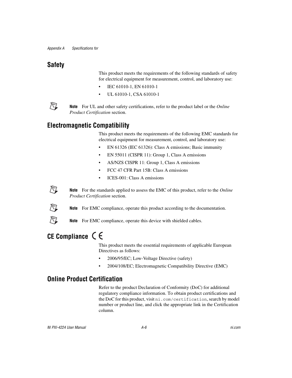 Safety, Electromagnetic compatibility, Online product certification | Ce compliance | National Instruments Isolated Analog Input Device NI PXI-4224 User Manual | Page 55 / 85