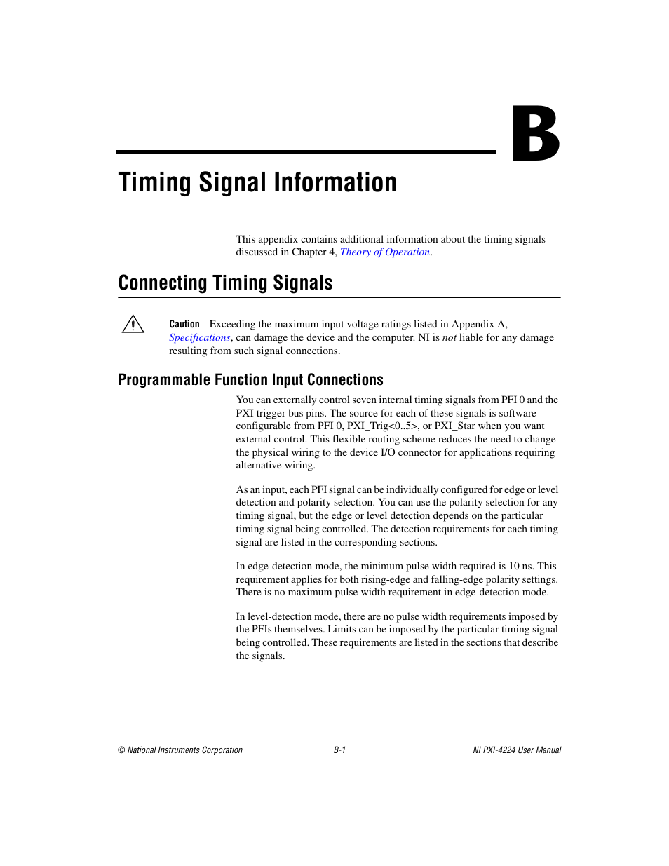 Appendix b timing signal information, Timing signal information, Connecting timing signals | National Instruments Isolated Analog Input Device NI PXI-4224 User Manual | Page 57 / 85