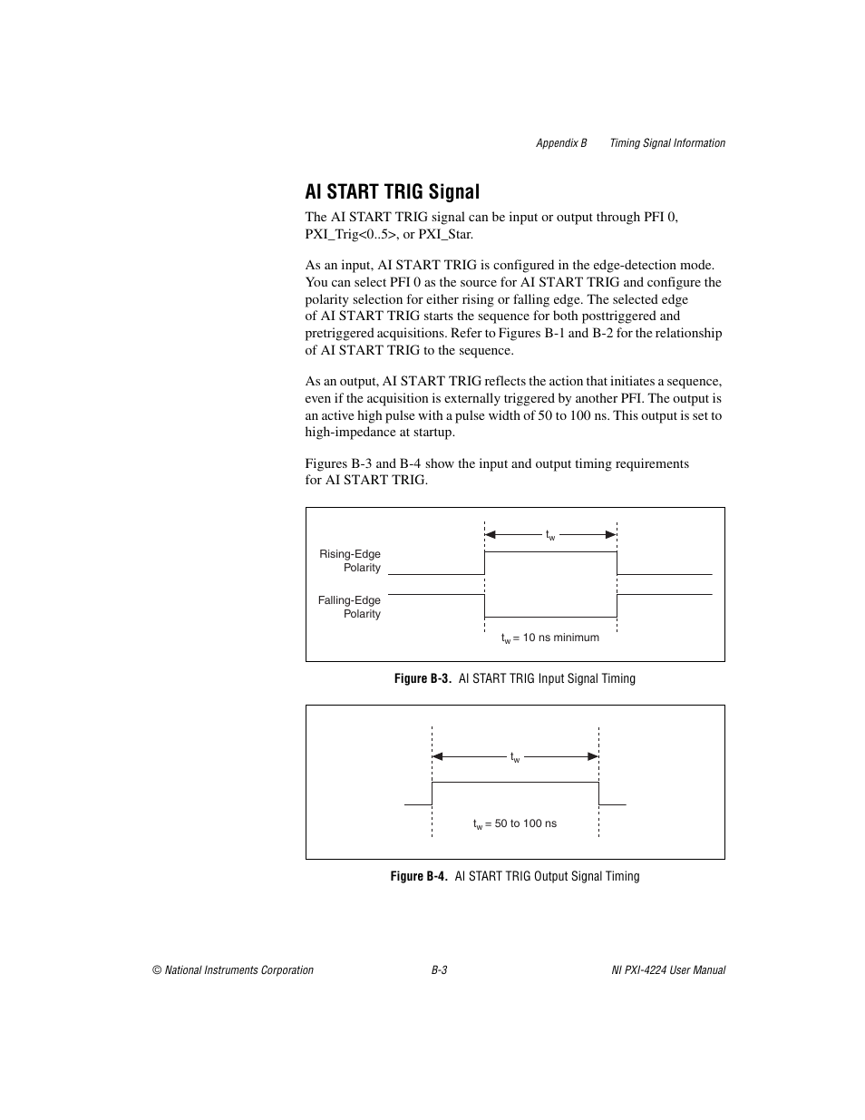 Figure b-3. ai start trig input signal timing, Figure b-4. ai start trig output signal timing, Figure b-3 | Figure b-4, Ai start trig signal | National Instruments Isolated Analog Input Device NI PXI-4224 User Manual | Page 59 / 85