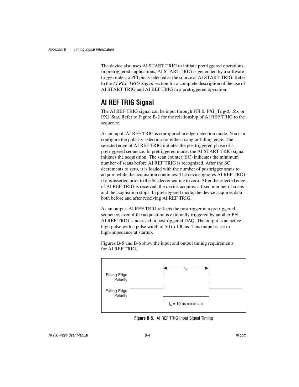 Figure b-5. ai ref trig input signal timing, Figure b-5, Ai ref trig signal | National Instruments Isolated Analog Input Device NI PXI-4224 User Manual | Page 60 / 85