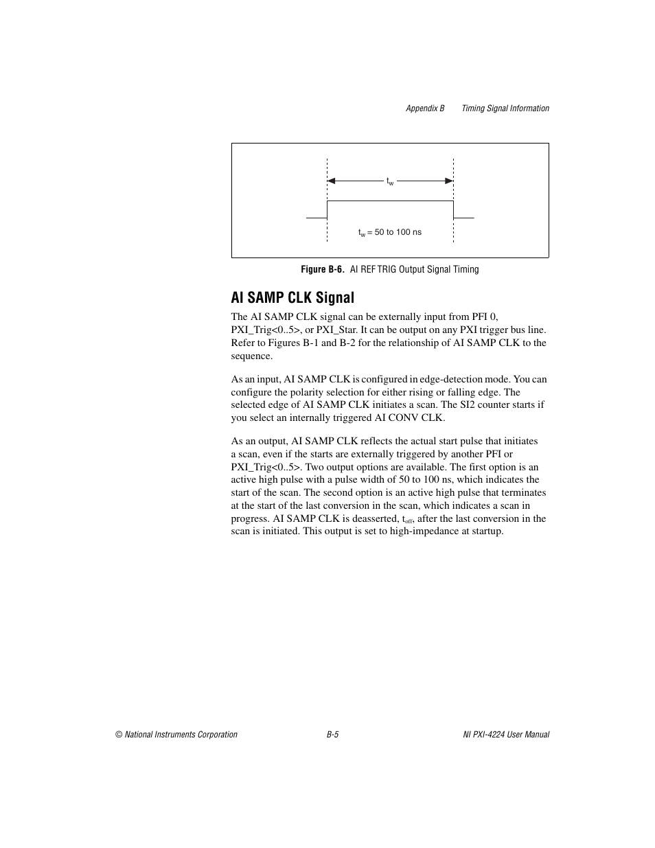 Figure b-6. ai ref trig output signal timing, Figure b-6, Ai samp clk signal | National Instruments Isolated Analog Input Device NI PXI-4224 User Manual | Page 61 / 85