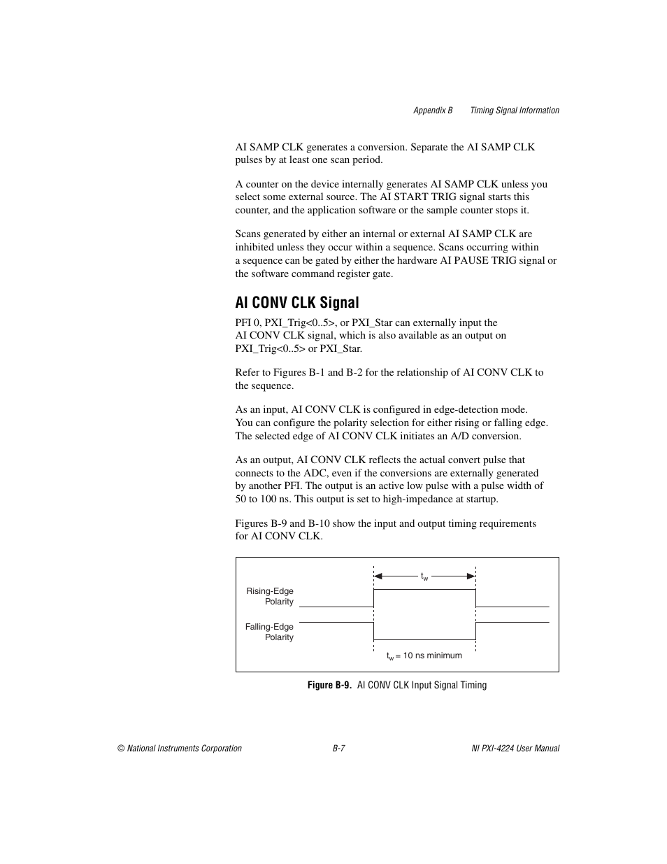 Figure b-9. ai conv clk input signal timing, Figure b-9, Ai conv clk signal | National Instruments Isolated Analog Input Device NI PXI-4224 User Manual | Page 63 / 85