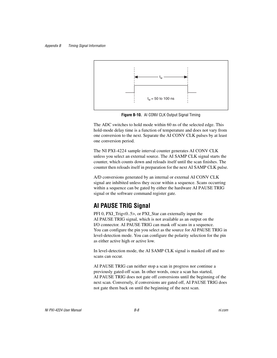 Figure b-10. ai conv clk output signal timing, Figure b-10, Ai pause trig signal | National Instruments Isolated Analog Input Device NI PXI-4224 User Manual | Page 64 / 85