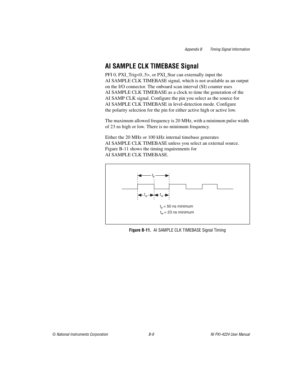 Figure b-11. ai sample clk timebase signal timing, Figure b-11, Ai sample clk timebase signal | National Instruments Isolated Analog Input Device NI PXI-4224 User Manual | Page 65 / 85