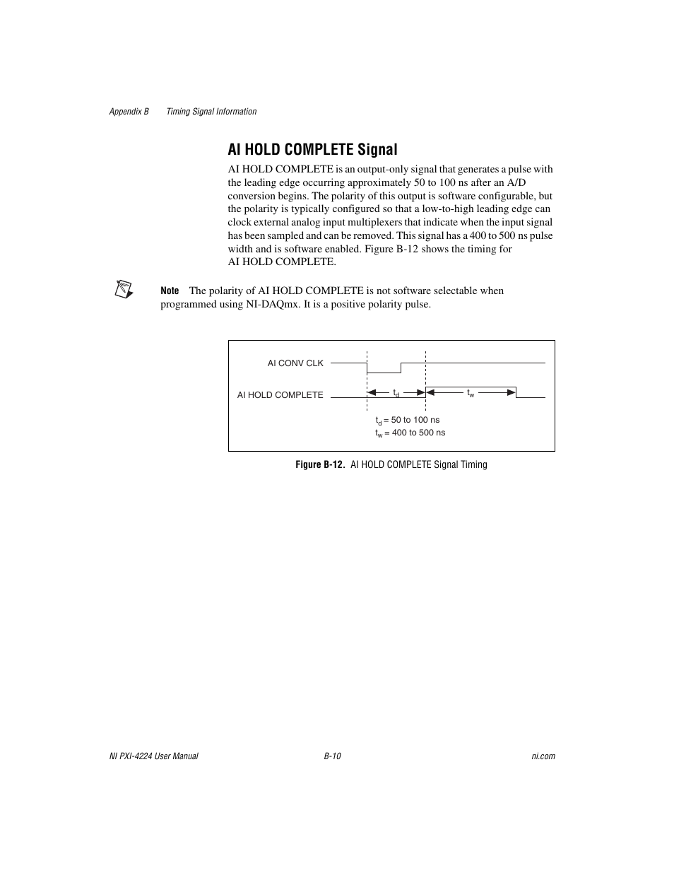 Figure b-12. ai hold complete signal timing, Figure b-12, Ai hold complete signal | National Instruments Isolated Analog Input Device NI PXI-4224 User Manual | Page 66 / 85