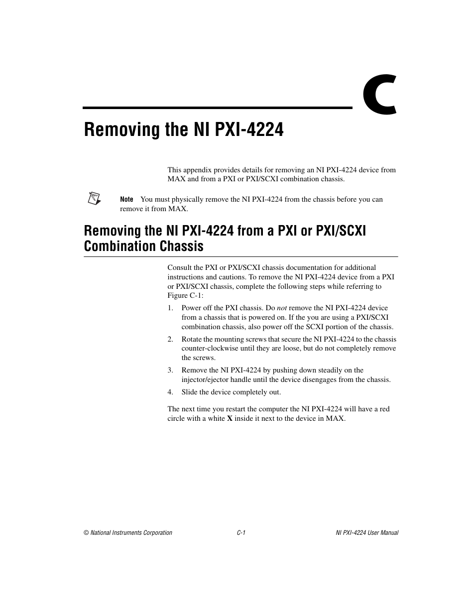 Appendix c removing the ni pxi-4224, Removing the ni pxi-4224 | National Instruments Isolated Analog Input Device NI PXI-4224 User Manual | Page 67 / 85