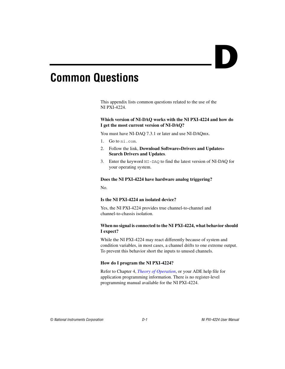 Appendix d common questions, Is the ni pxi-4224 an isolated device, How do i program the ni pxi-4224 | Common questions | National Instruments Isolated Analog Input Device NI PXI-4224 User Manual | Page 69 / 85