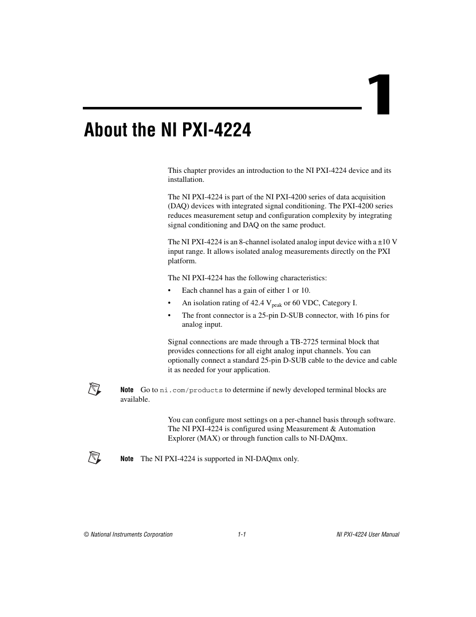 Chapter 1 about the ni pxi-4224, About the ni pxi-4224 | National Instruments Isolated Analog Input Device NI PXI-4224 User Manual | Page 9 / 85