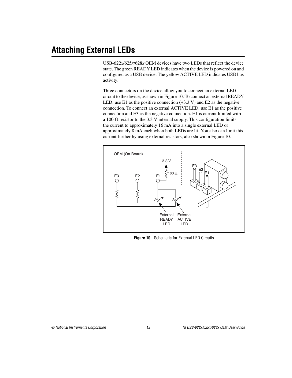 Attaching external leds, Figure 10. schematic for external led circuits | National Instruments USB device 628x User Manual | Page 13 / 23