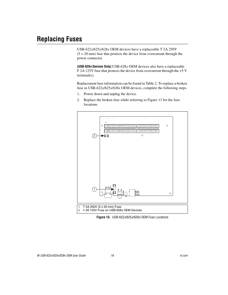 Replacing fuses, Figure 13. usb-622x/625x/628x oem fuse locations | National Instruments USB device 628x User Manual | Page 16 / 23