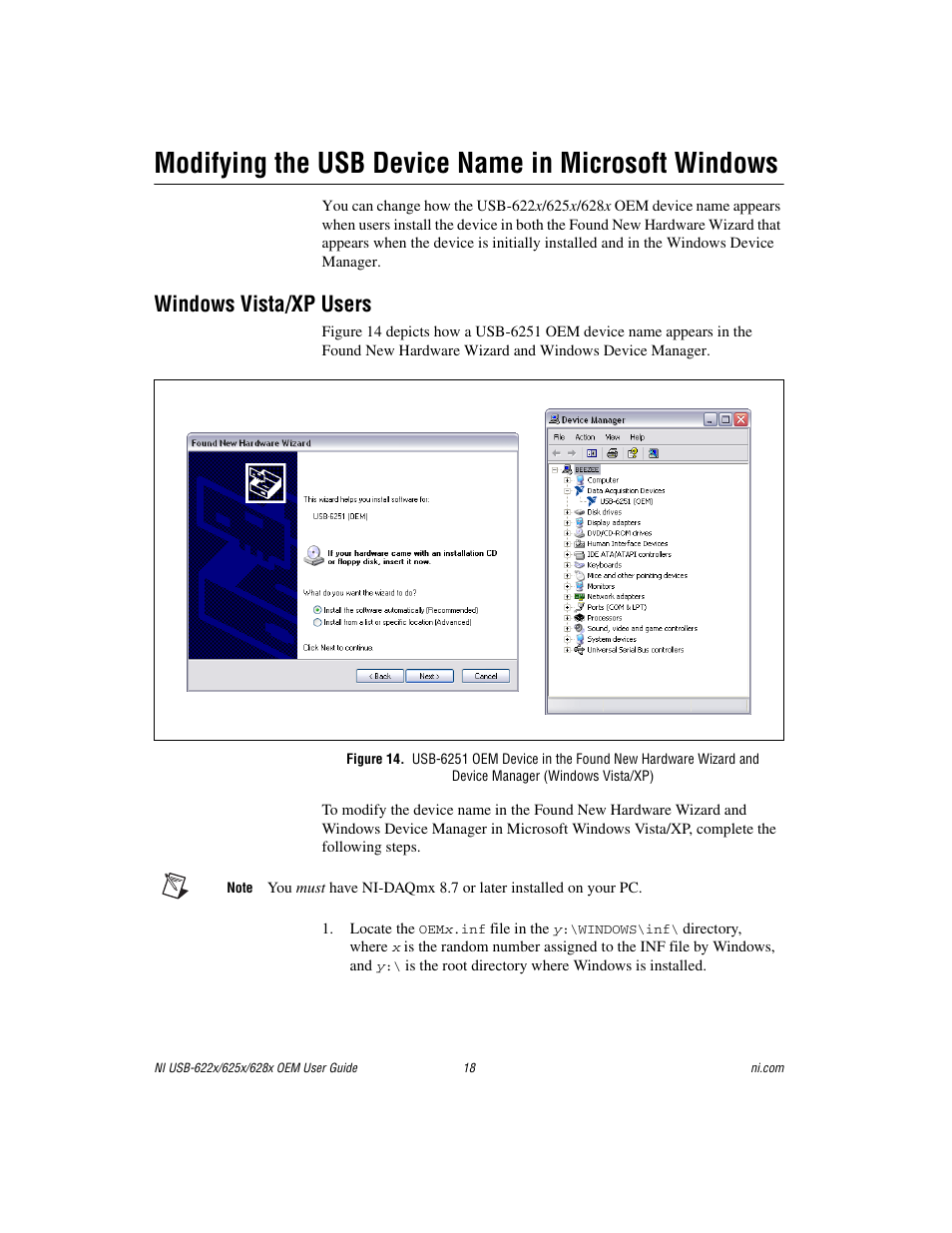 Modifying the usb device name in microsoft windows, Windows vista/xp users | National Instruments USB device 628x User Manual | Page 18 / 23