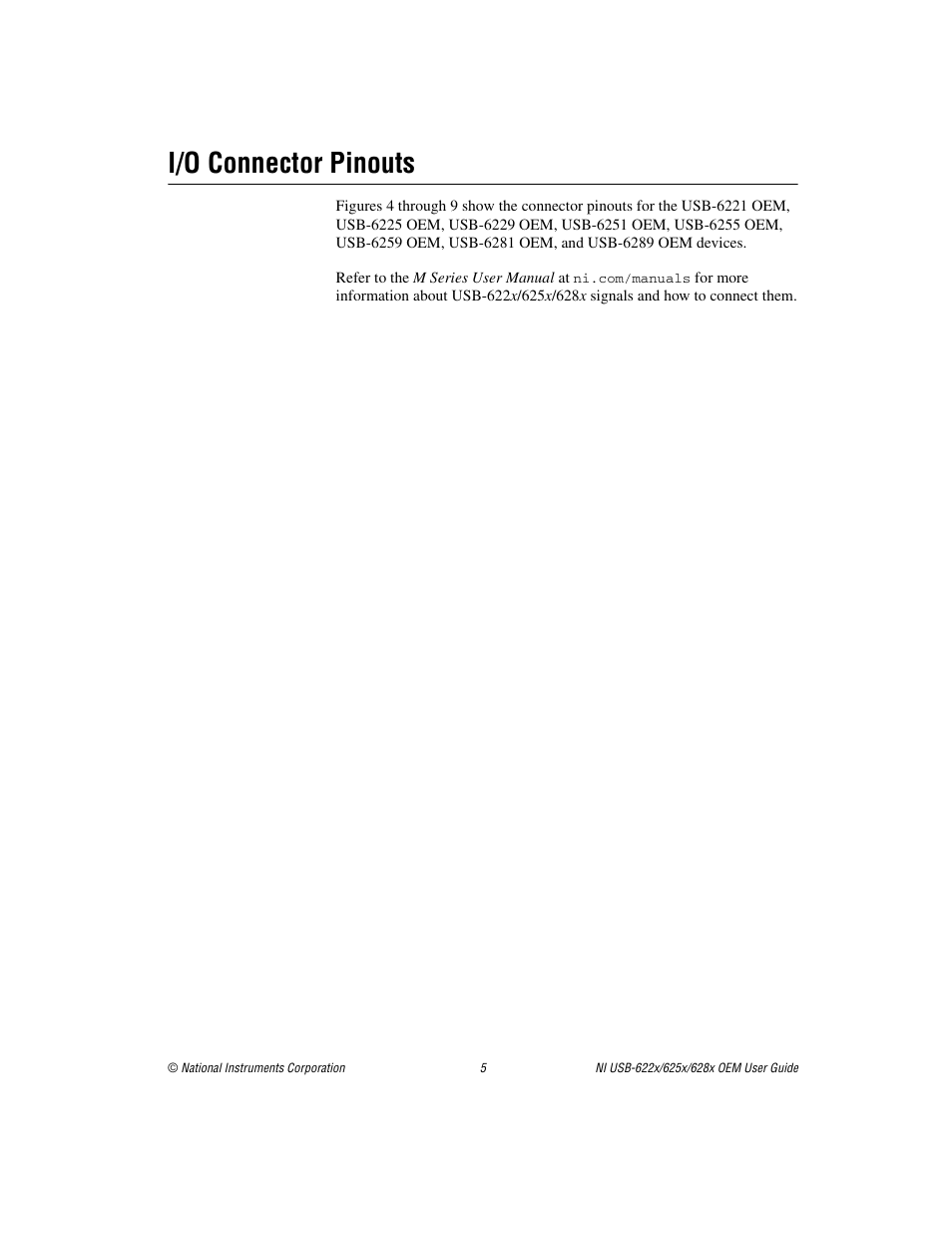 I/o connector pinouts | National Instruments USB device 628x User Manual | Page 5 / 23