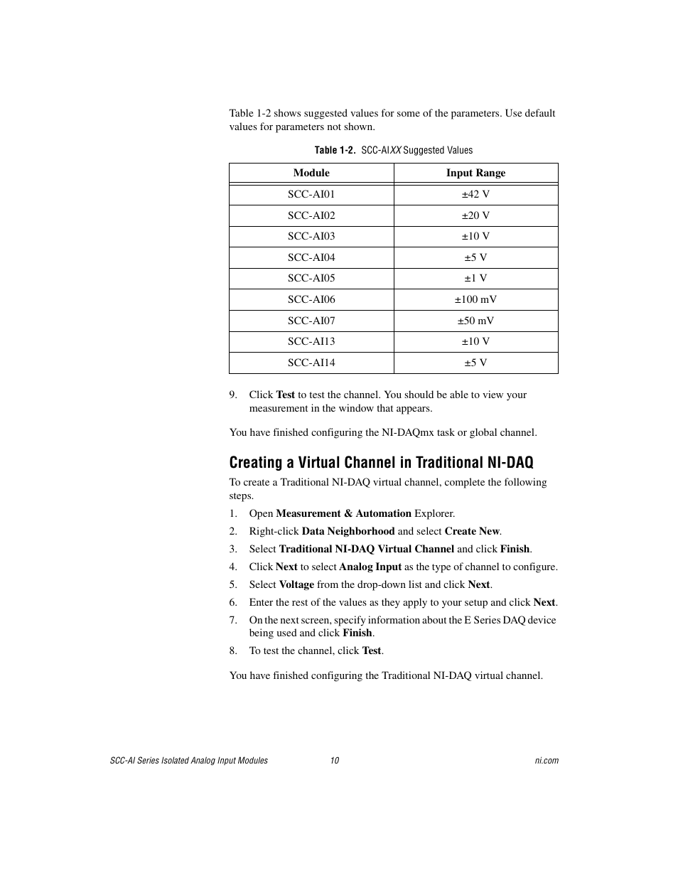 Table 1-2. scc-aixx suggested values, Creating a virtual channel in traditional ni-daq | National Instruments Isolated Analog Input Modules SCC-AI14 User Manual | Page 10 / 18