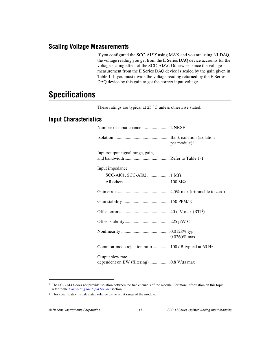 Scaling voltage measurements, Specifications, Input characteristics | National Instruments Isolated Analog Input Modules SCC-AI14 User Manual | Page 11 / 18