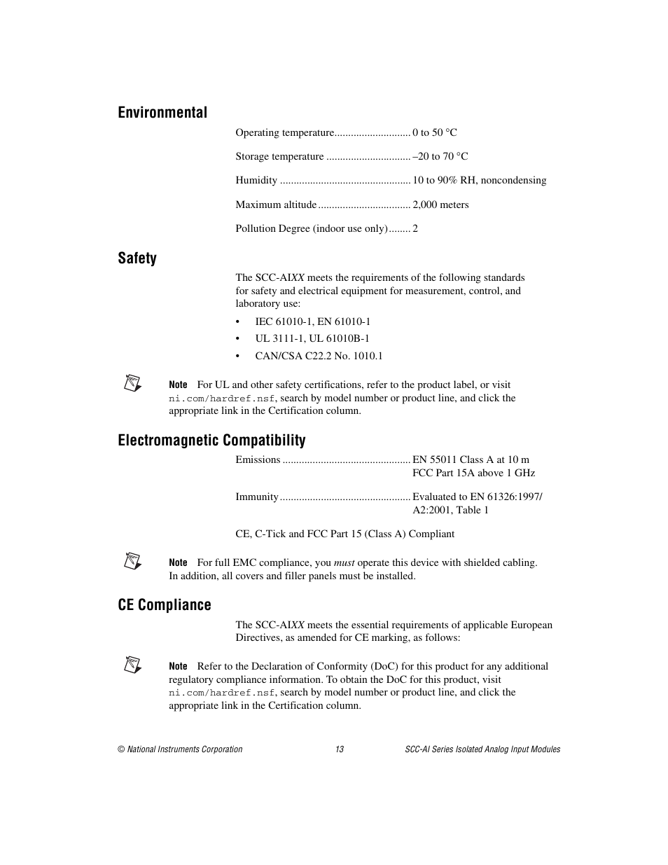 Environmental, Safety, Electromagnetic compatibility | Ce compliance | National Instruments Isolated Analog Input Modules SCC-AI14 User Manual | Page 13 / 18