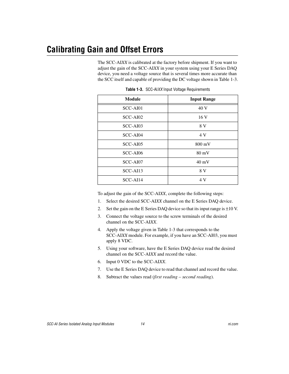 Calibrating gain and offset errors, Table 1-3. scc-aixx input voltage requirements | National Instruments Isolated Analog Input Modules SCC-AI14 User Manual | Page 14 / 18